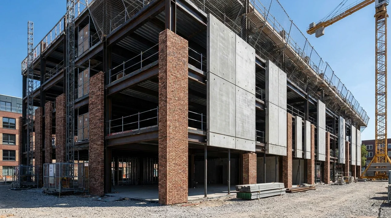 Nonload-bearing masonry cladding surrounding a separate structural building frame.