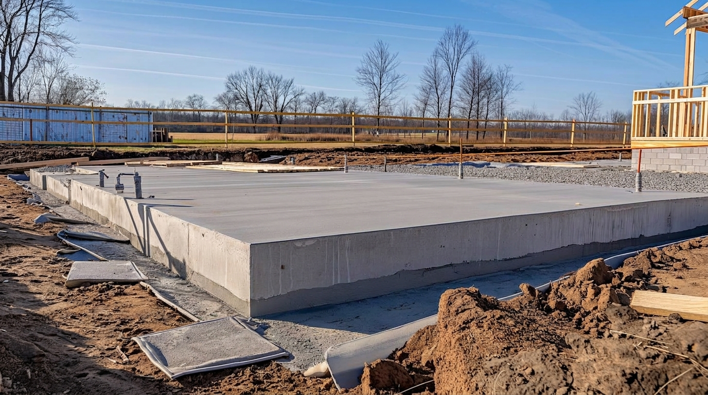 A finished concrete slab foundation on a rural construction site with bare trees, a wood fence, and the start of a wood frame structure visible on the right.