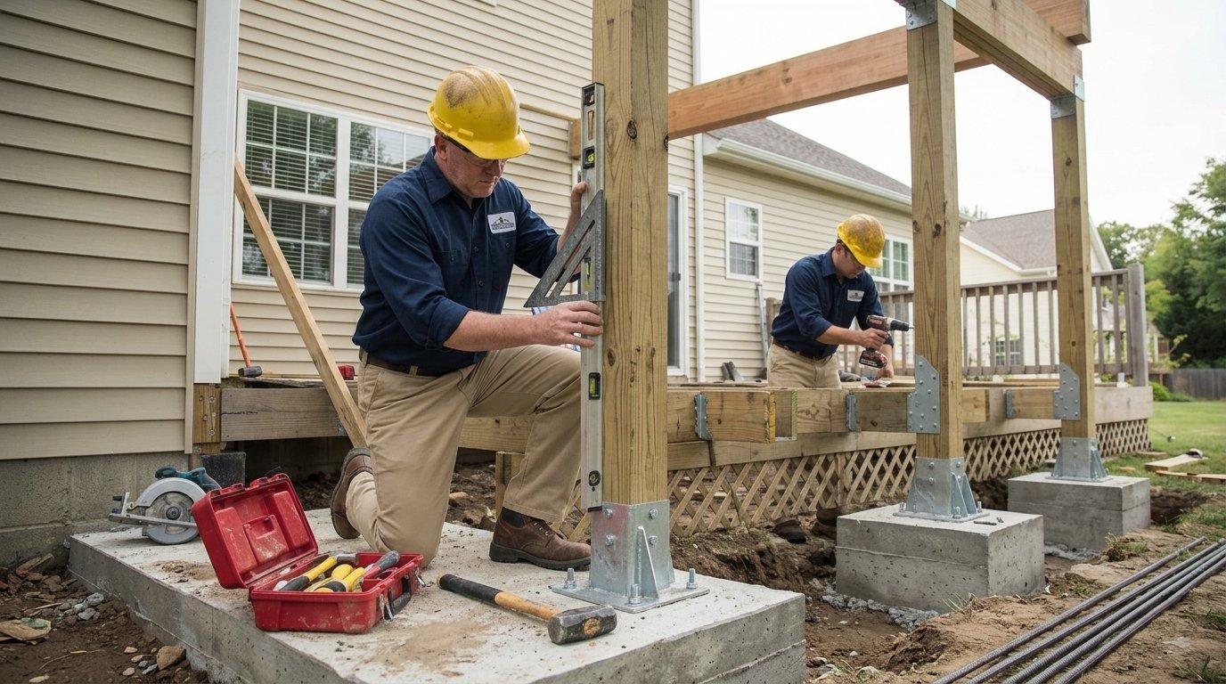 Workers installing structural posts and reinforced footings beneath a deck roof.