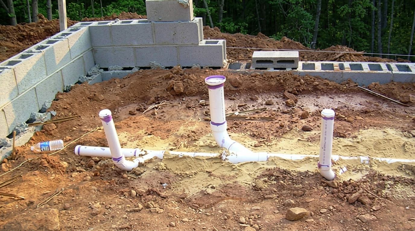Rough-in PVC plumbing pipes with purple fittings sticking up from the dirt inside a concrete block foundation wall, ready for a slab pour.