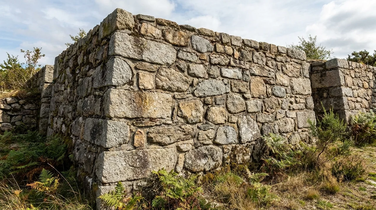 Natural stone masonry wall featuring irregular stones and traditional mortar joints.