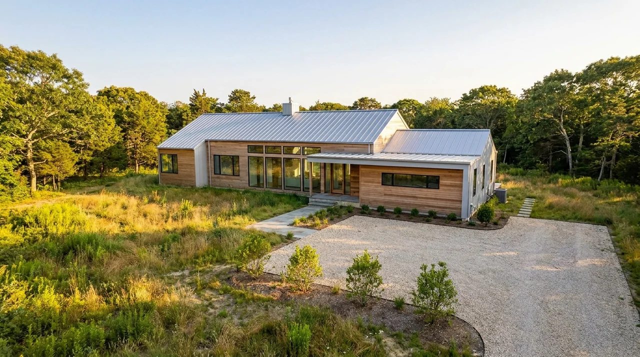 New house built on an owned residential lot with finished exterior and surrounding land.