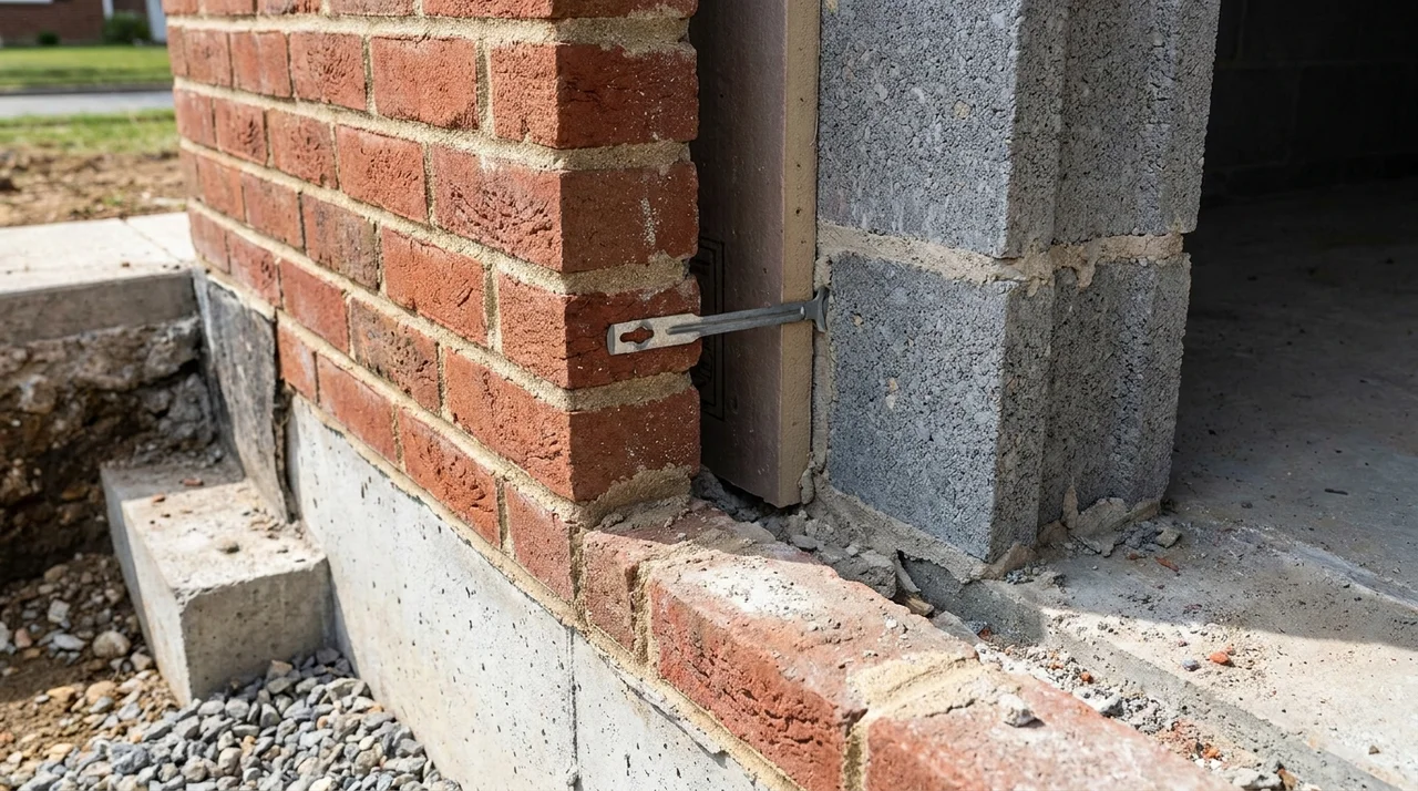 Composite masonry wall combining exterior brick and interior concrete block layers.