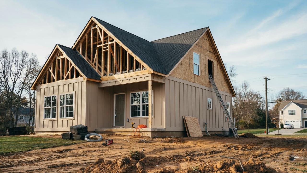 Partially completed home showing structural framing, roofing, windows, and exterior construction work.