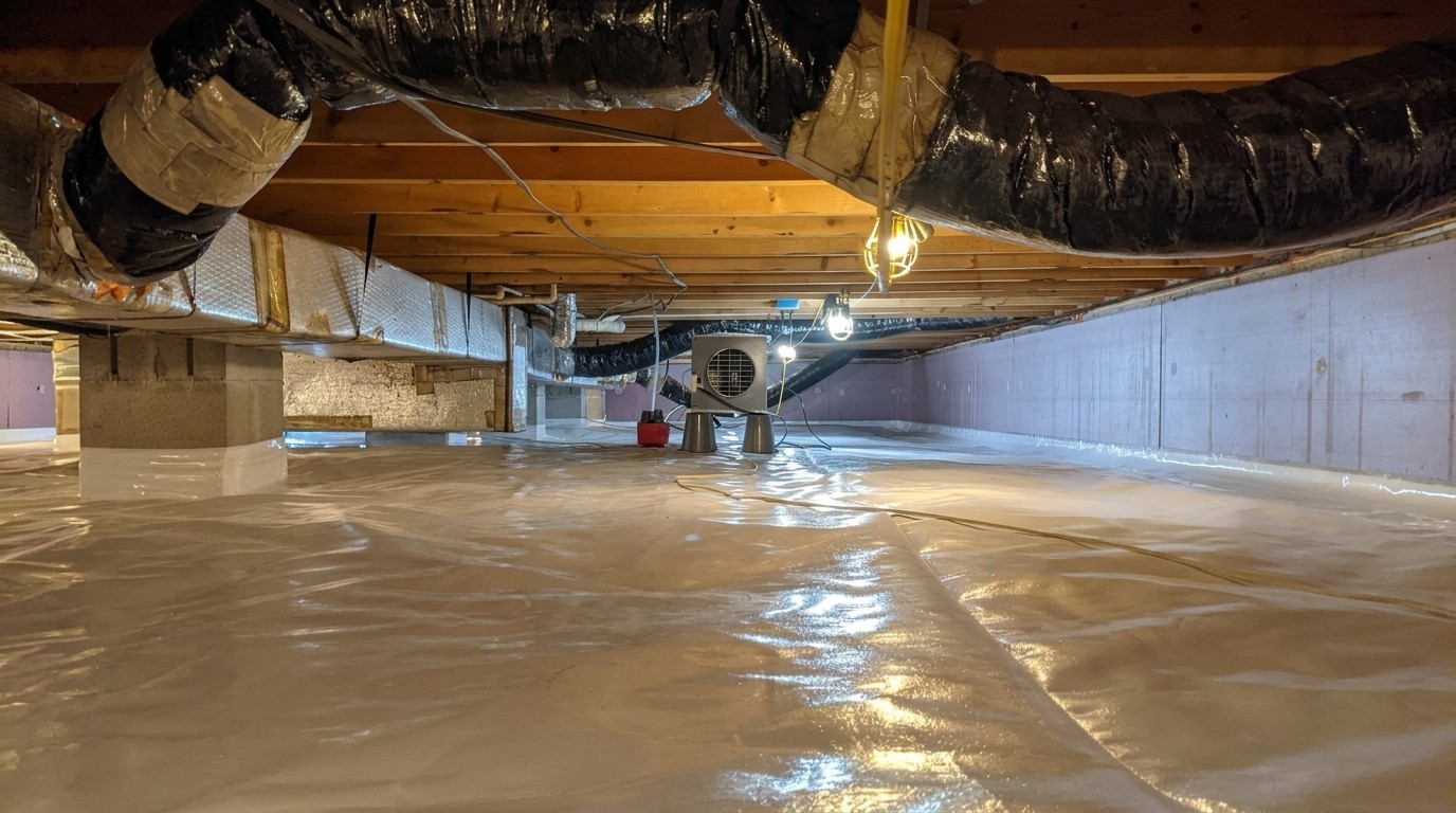 A crawl space with a white vapor barrier on the floor, large black ducts overhead, a dehumidifier in the middle, and work lights hanging from the joists.