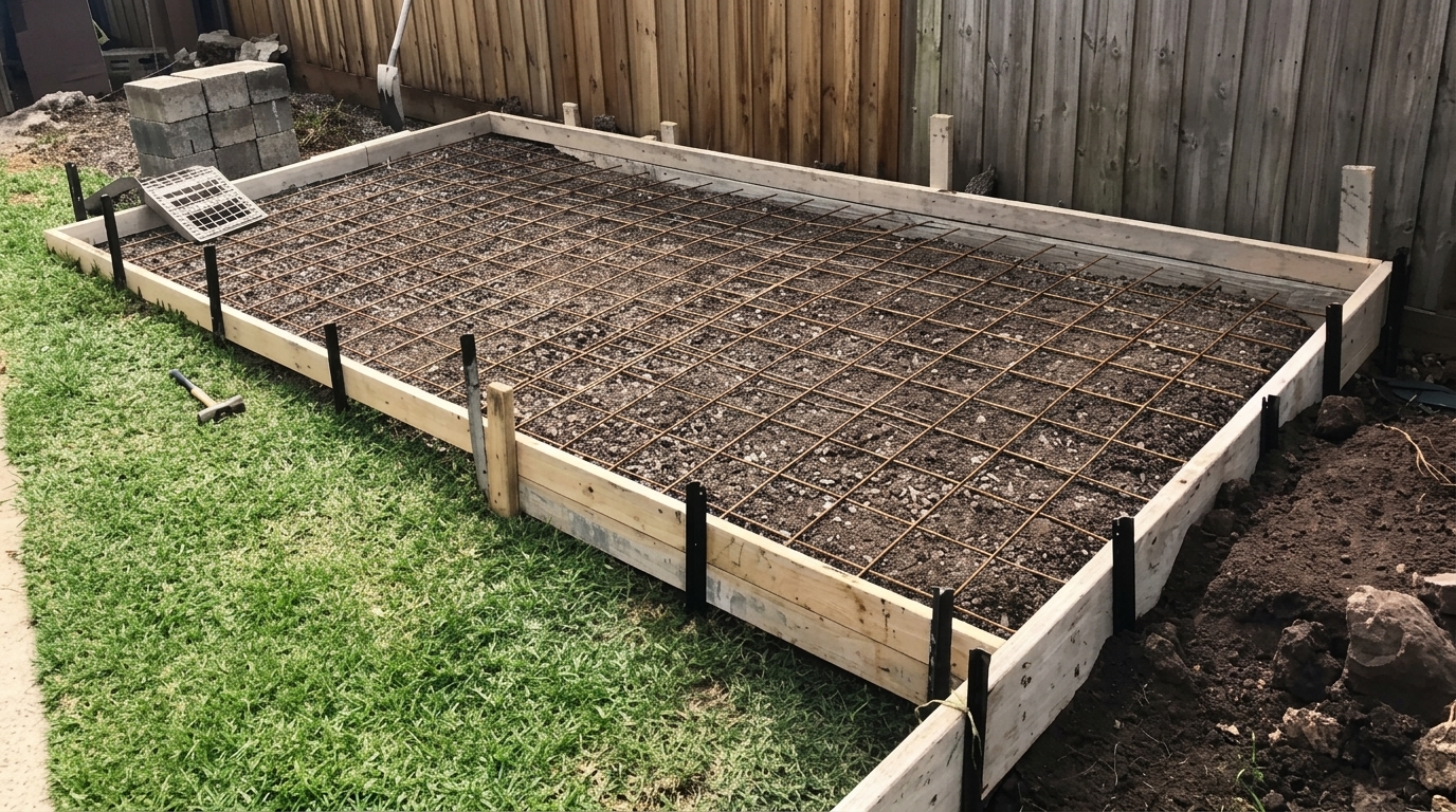 A concrete slab form with rebar wire mesh laid out in a backyard, ready to be poured, with wooden formwork around the edges and a wood fence in the background.
