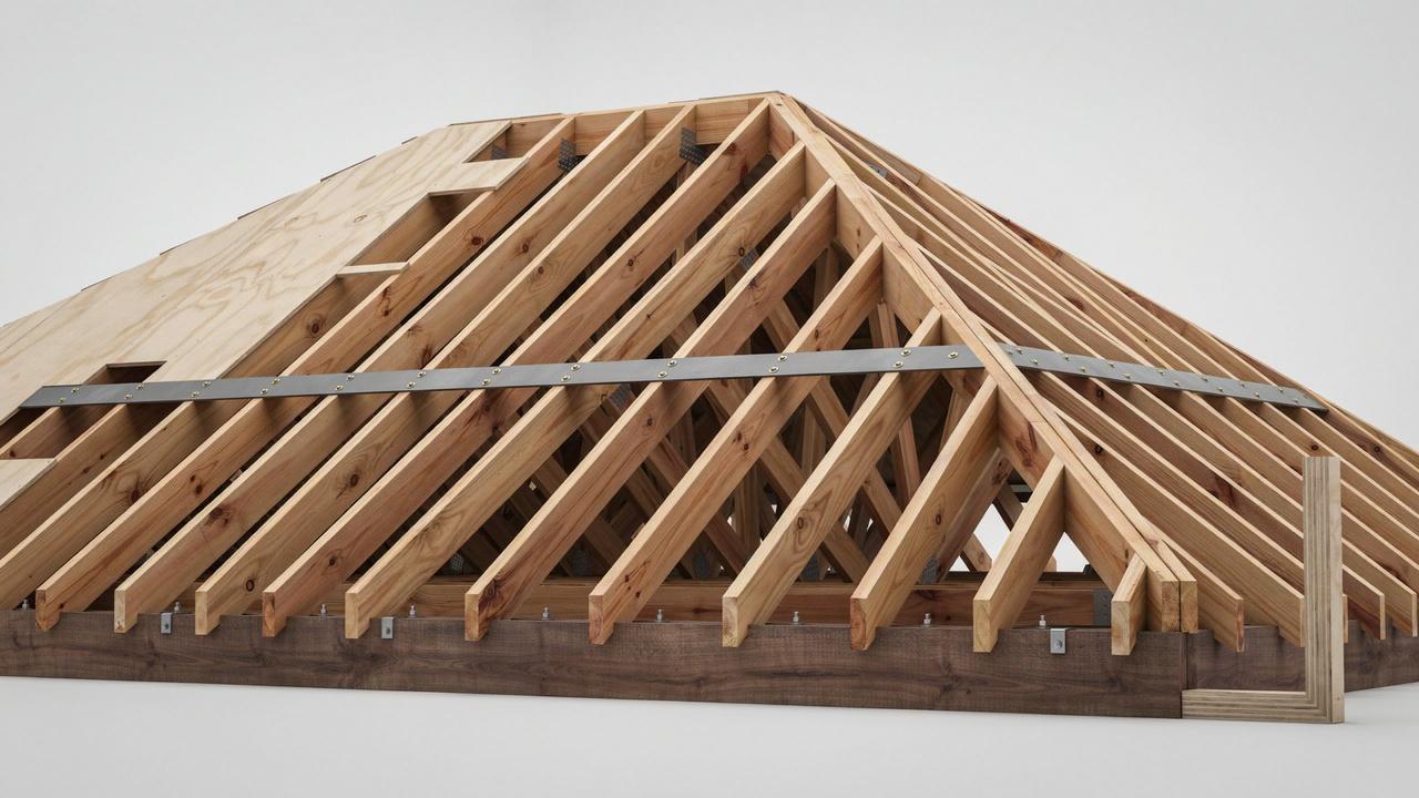 Purlins and rafters in a roof framing system.