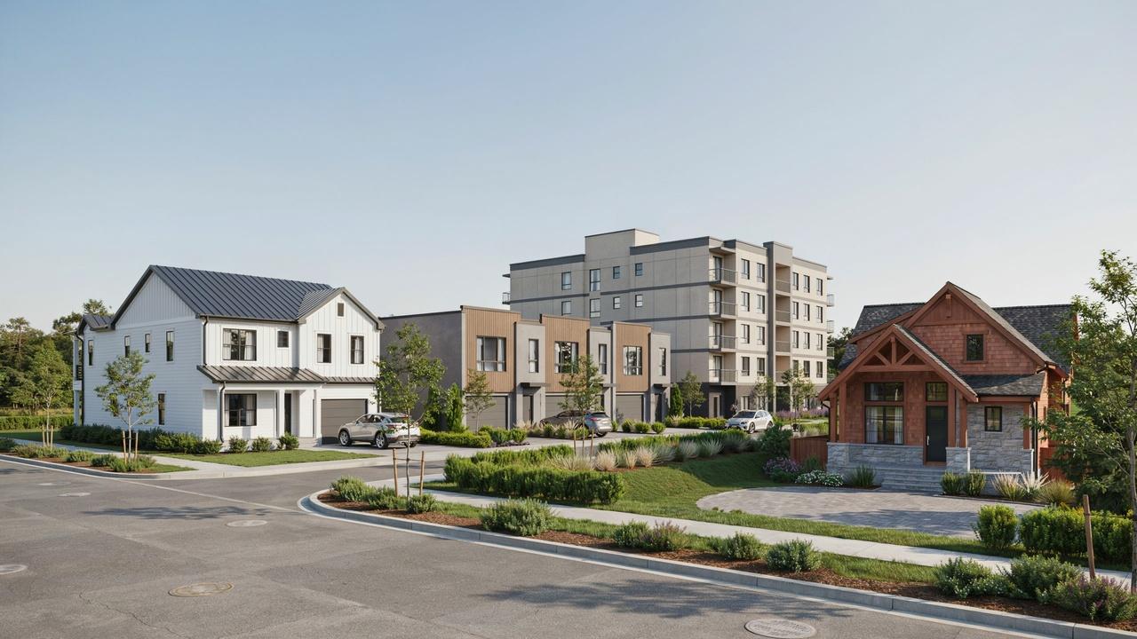 New neighborhood featuring detached homes, townhouses, condominiums, and custom-built houses.