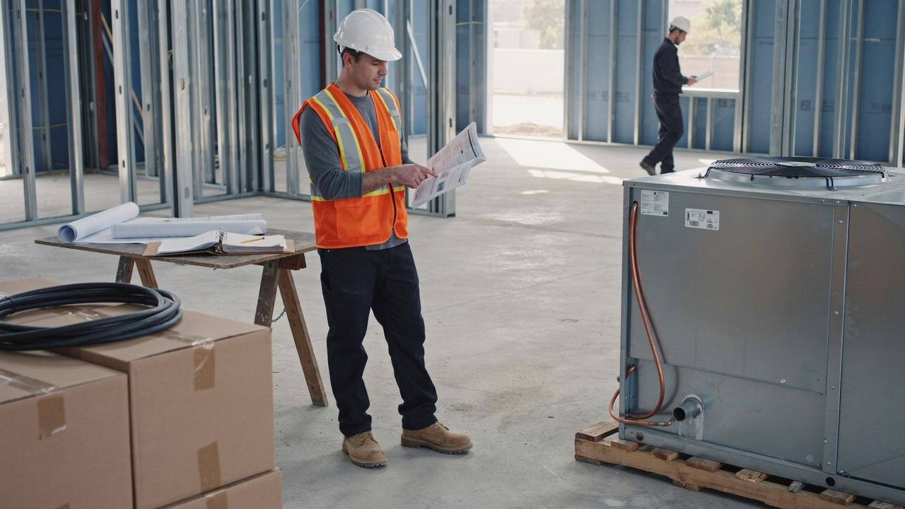 Construction professional reviews product cut sheet with equipment and project specifications