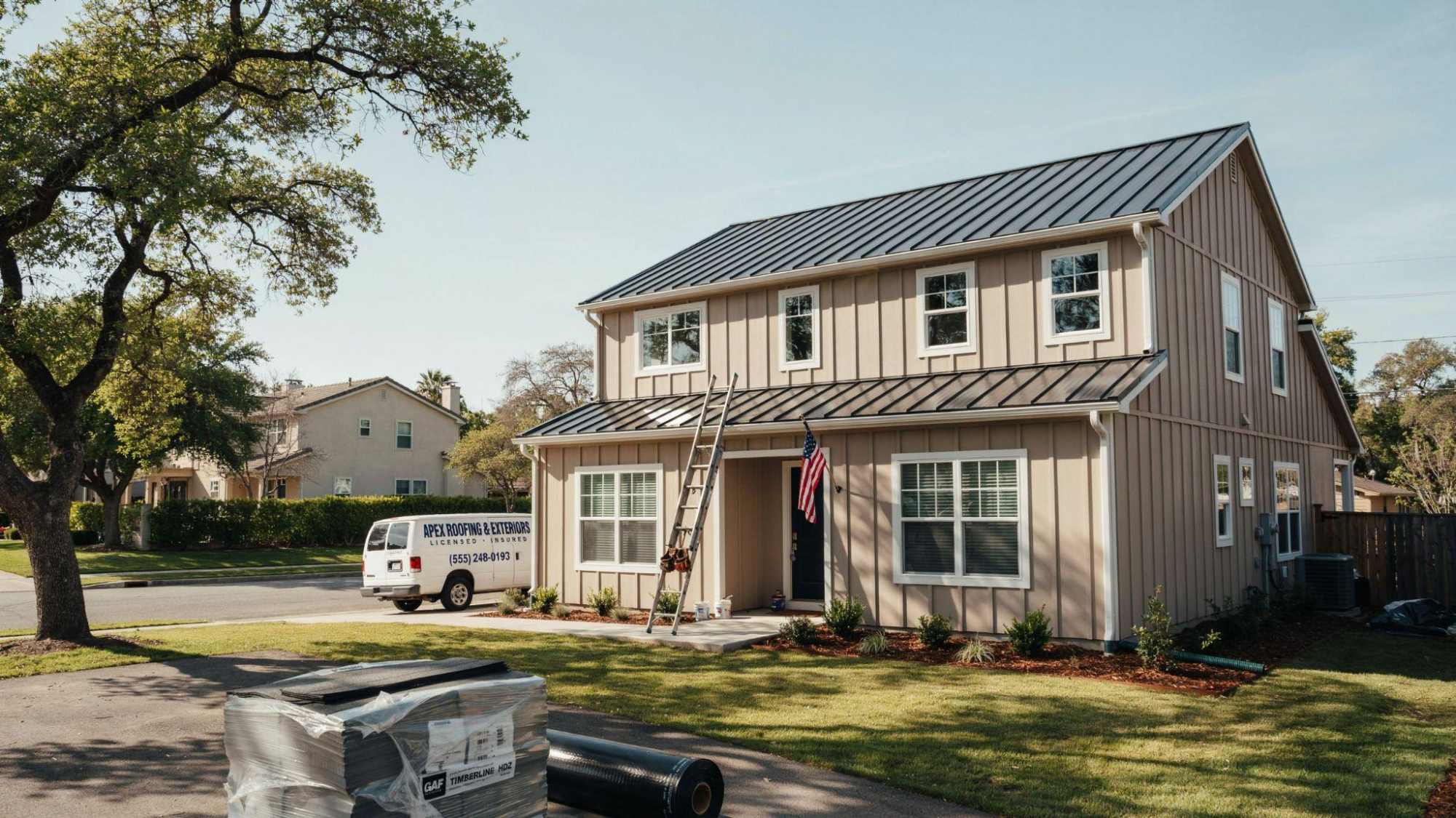 Two-story beige house with black metal roof, ladder, American flag, Apex Roofing van and shingles