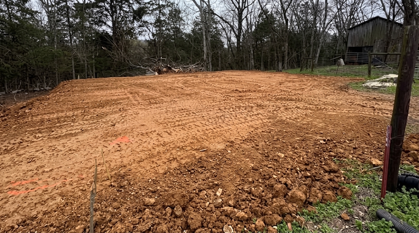 A freshly cleared and graded building lot with red clay soil, tire tracks across the ground, trees along the edges, and an old barn visible in the background.