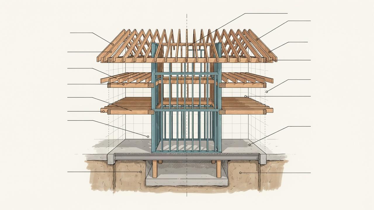 Load-bearing wall identification showing joists, beams, attic framing, and foundation alignment.