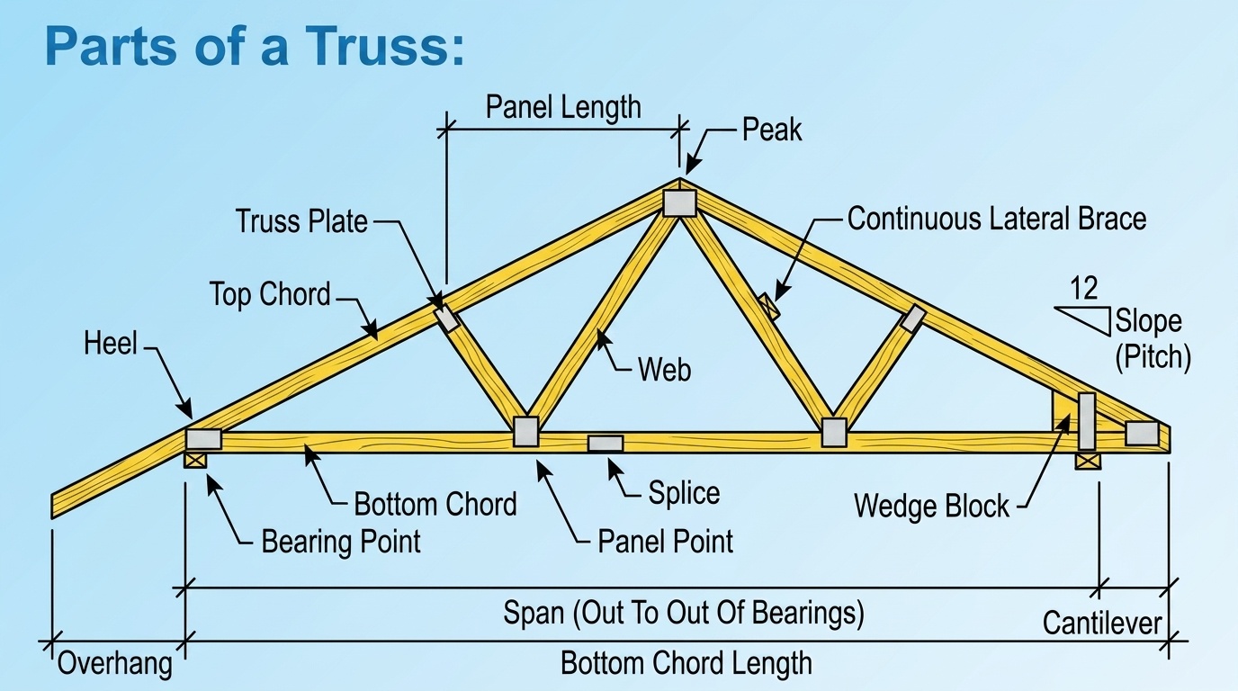A detailed diagram labeling all parts of a roof truss including chords, web, peak, span, and slope.