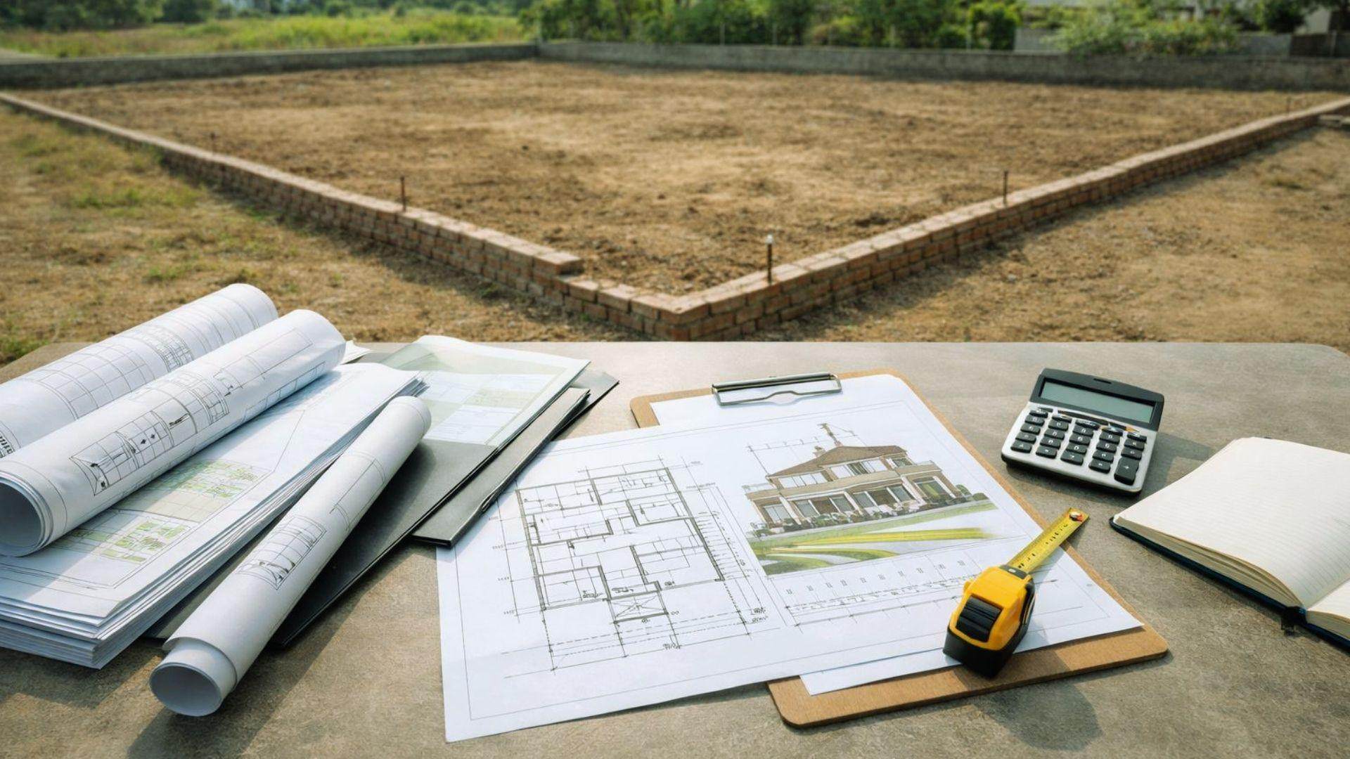 House construction foundation site with architectural blueprints calculator and measuring tape