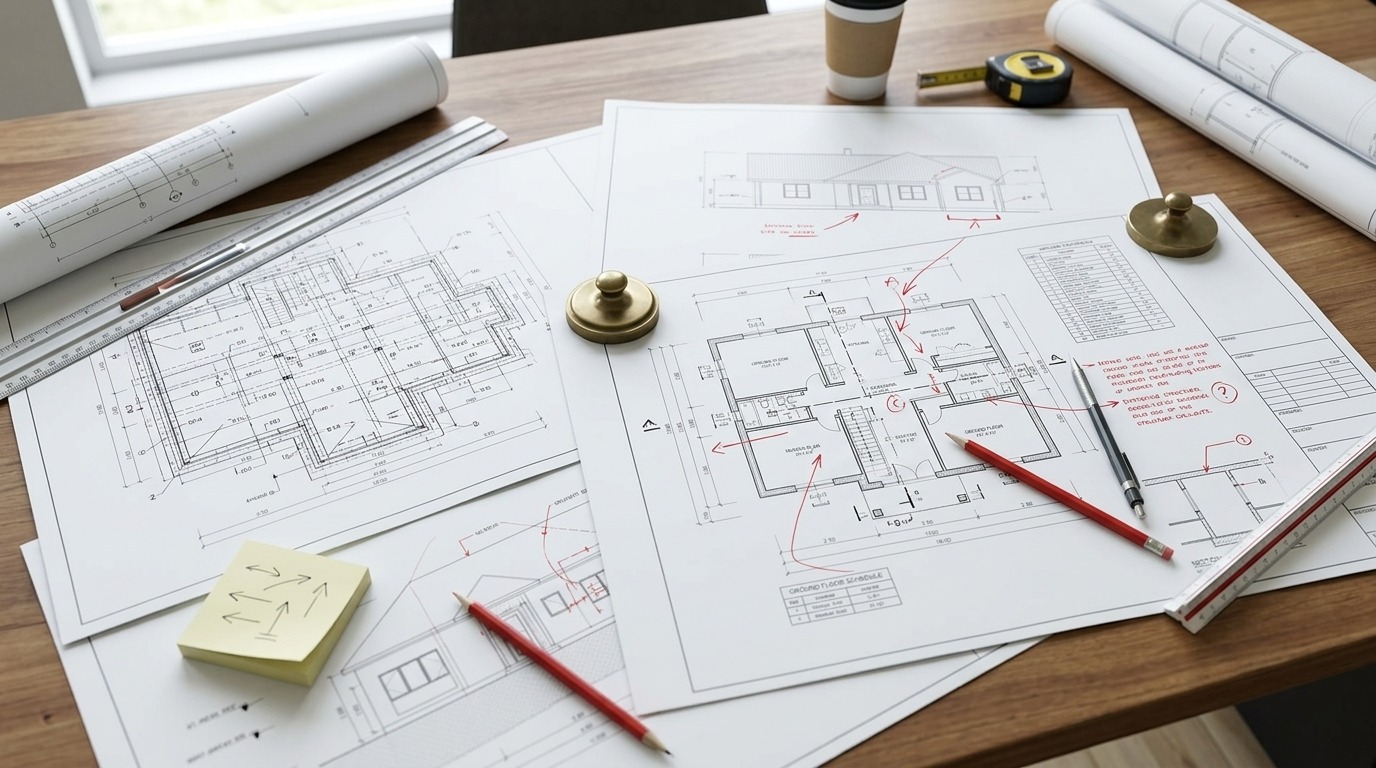 Architect house blueprints with floor plans, elevations, red markup notes on wooden desk
