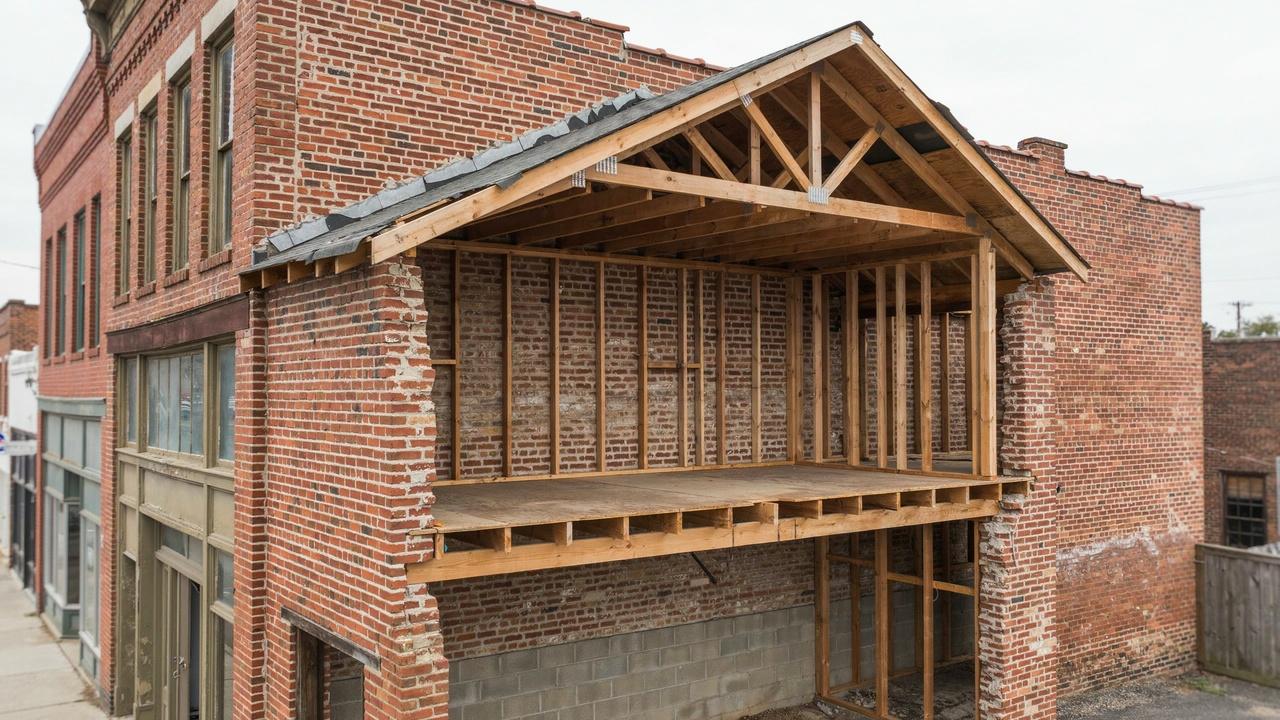 Joisted masonry building combines masonry exterior walls with combustible wood floor and roof joists