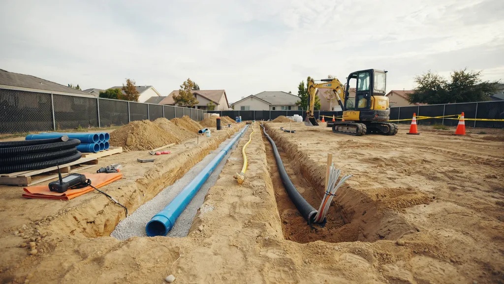 Deep trenches with blue water pipes and black conduits on construction site, mini excavator and cones nearby.