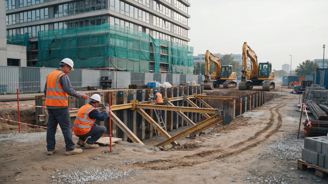 Construction shoring system supporting excavation walls beside an existing building.