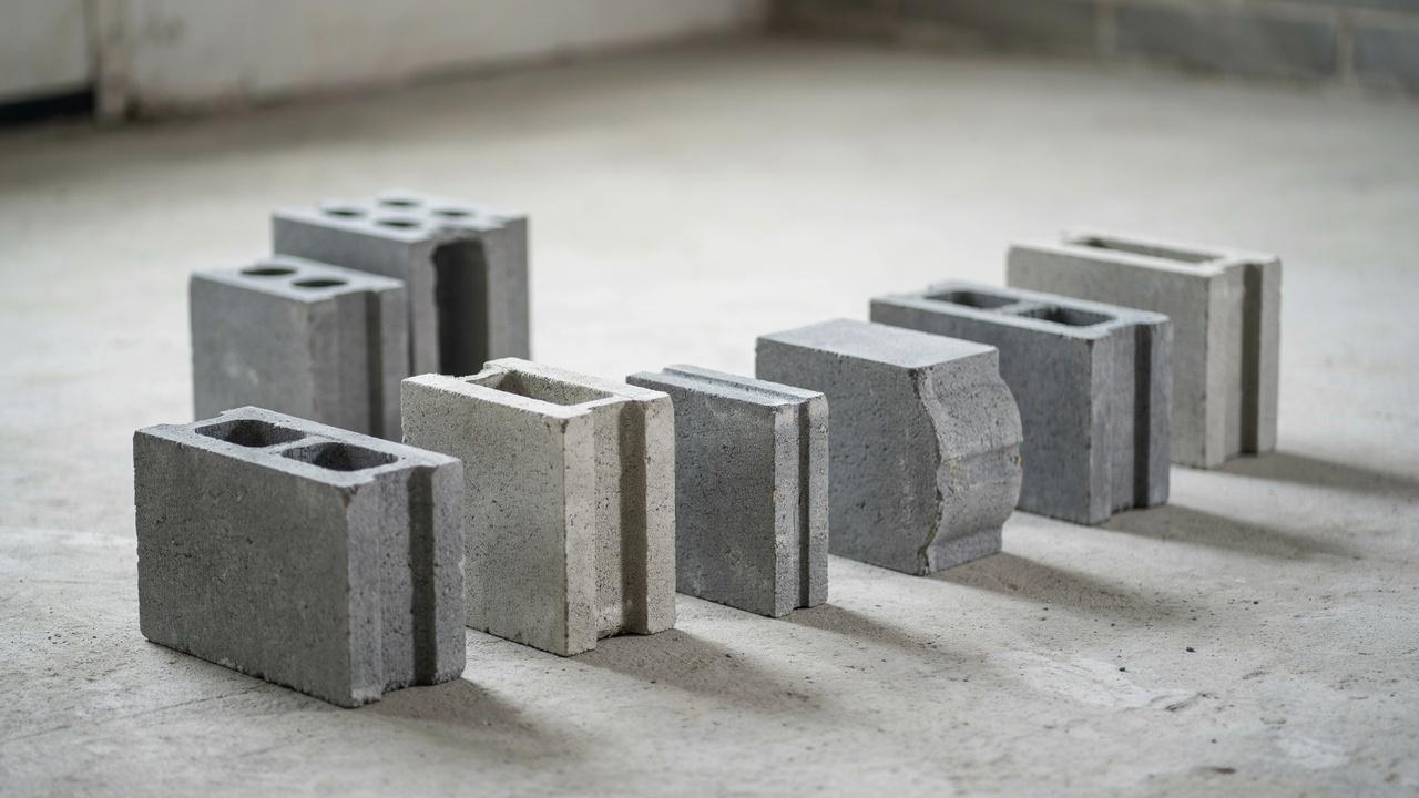 Standard CMU blocks in different sizes and shapes, including rectangular, corner, and hollow concrete masonry units.