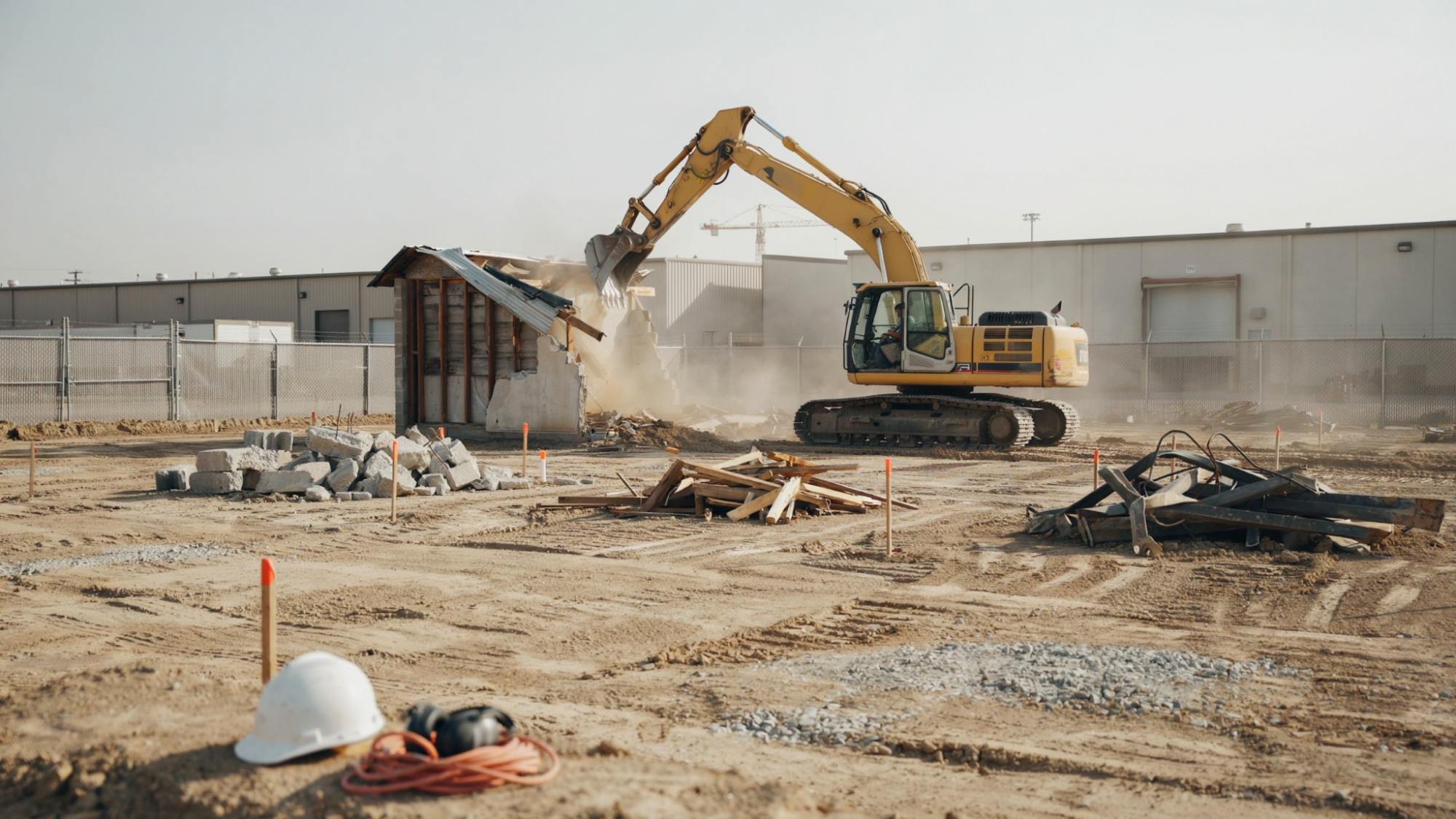 Yellow excavator demolishing small shed amid rubble piles, with white hard hat and ear protection in foreground.