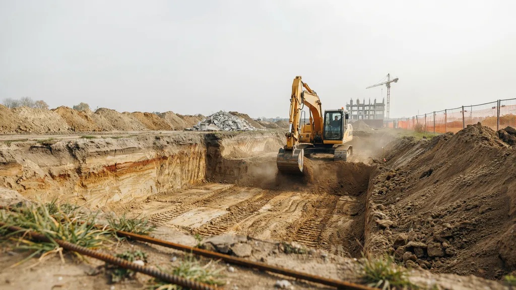 Trench work showing water lines and electrical conduits with a small excavator nearby.