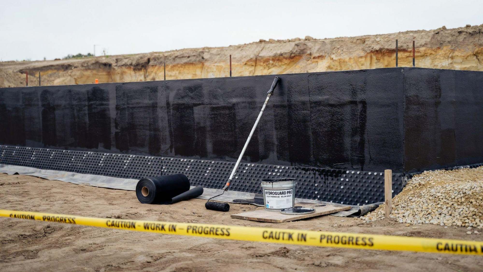 Foundation waterproofing with black membrane coating, dimple mat, roller and HydroGuard Pro bucket on site