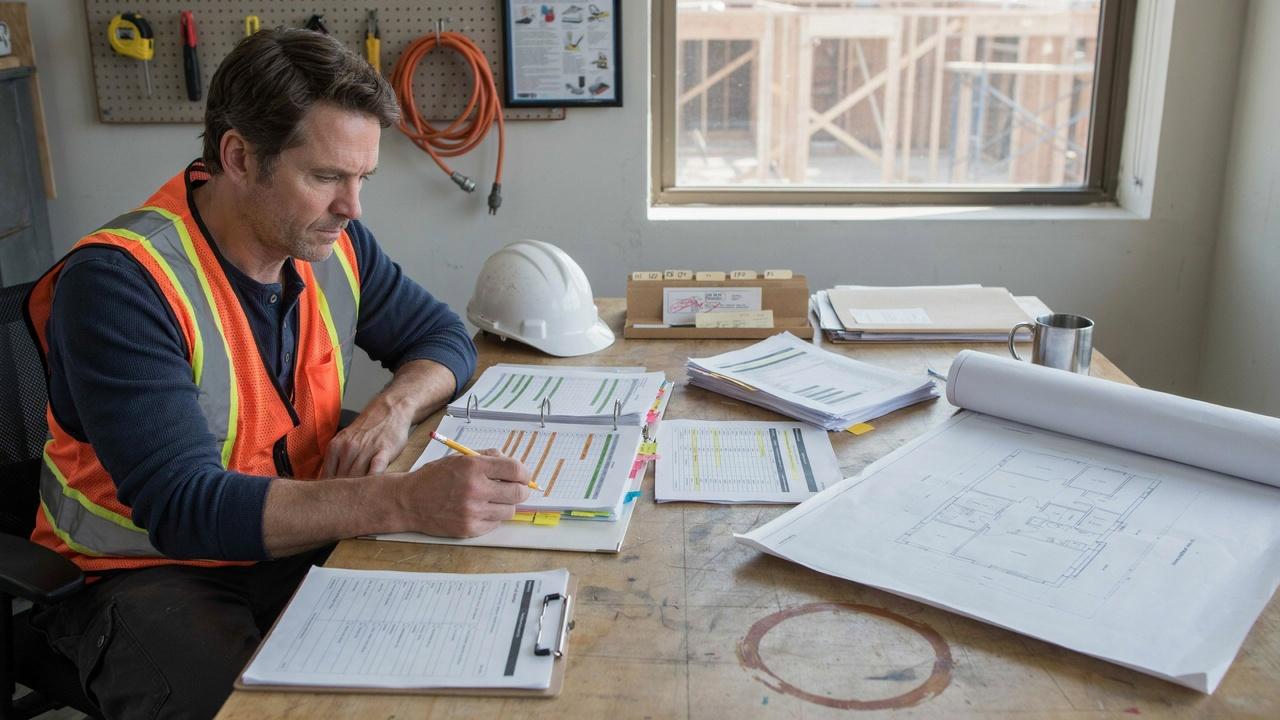 Construction manager gathering project documents for an OAC meeting.