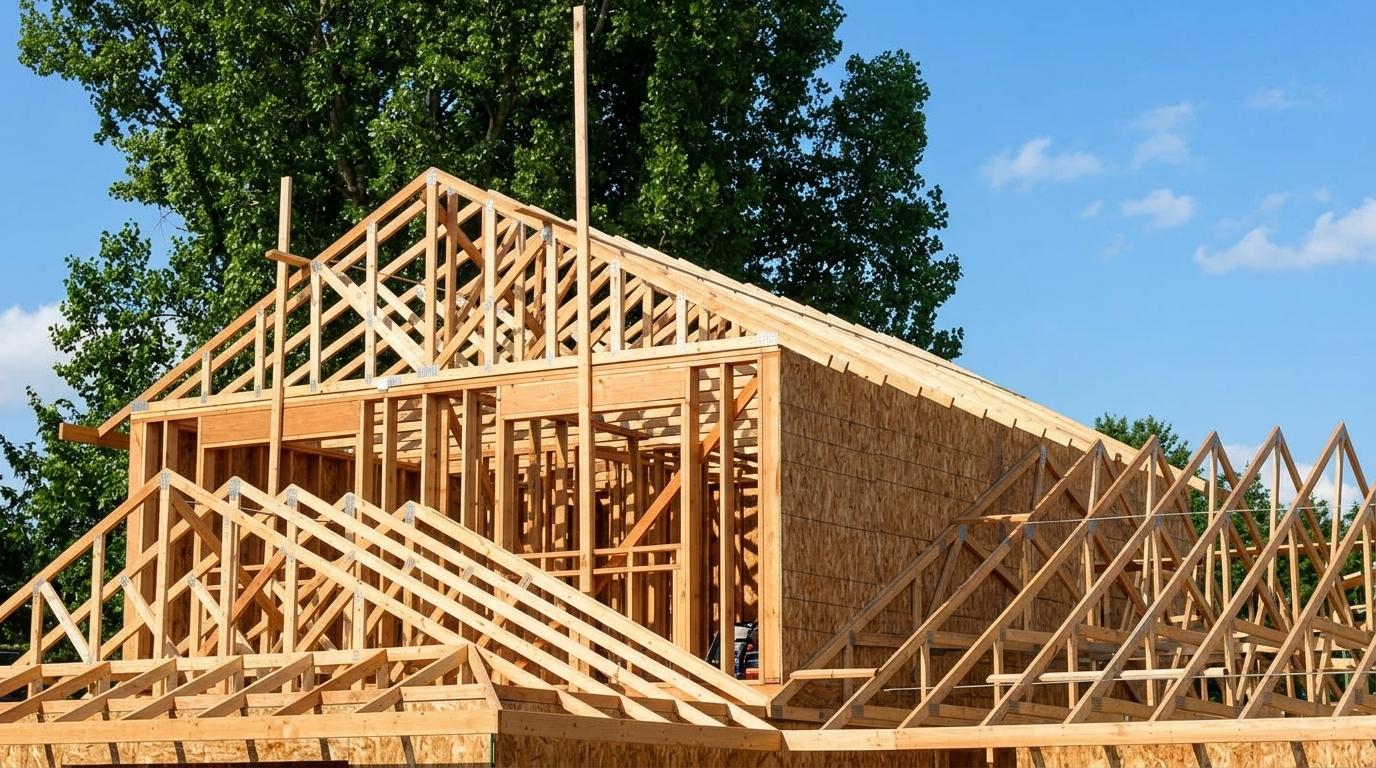Wood roof trusses being installed on a two-story house under construction outdoors.