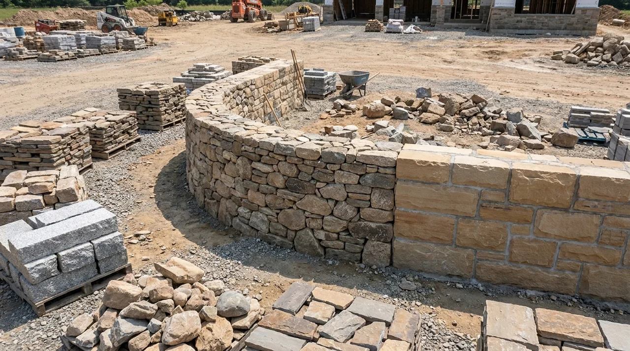 Natural and manufactured stone materials beside dry-stack and mortared wall construction methods.