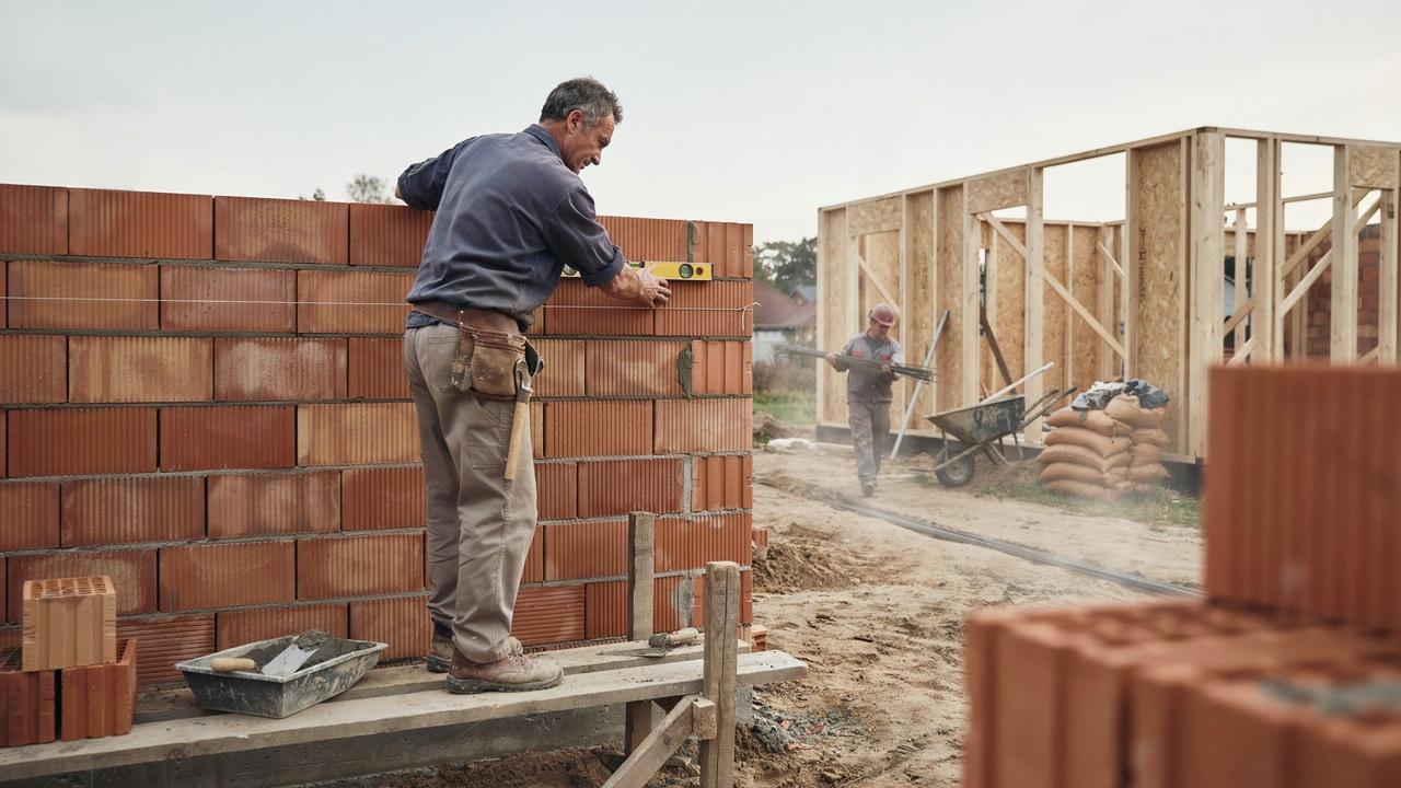 Mason continuing staggered brick courses upward while maintaining proper alignment and mortar joints.