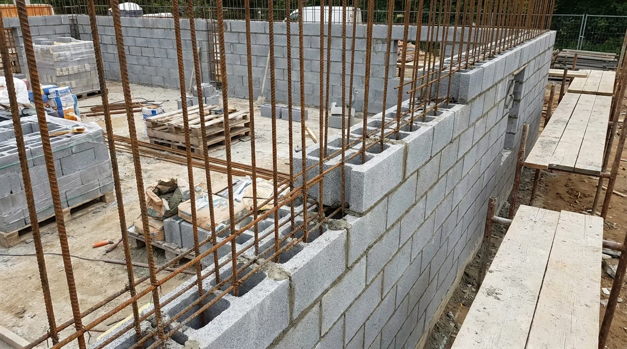Reinforced masonry wall showing steel rebar integrated within concrete block construction.
