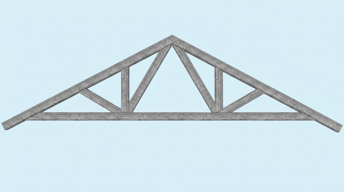 A standalone gray weathered wood fan truss shown against a light background.