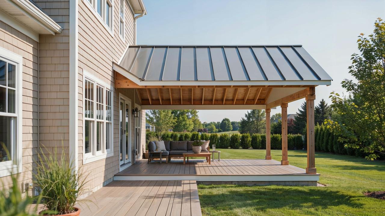 Roof structure attached to a house covering a residential outdoor deck.