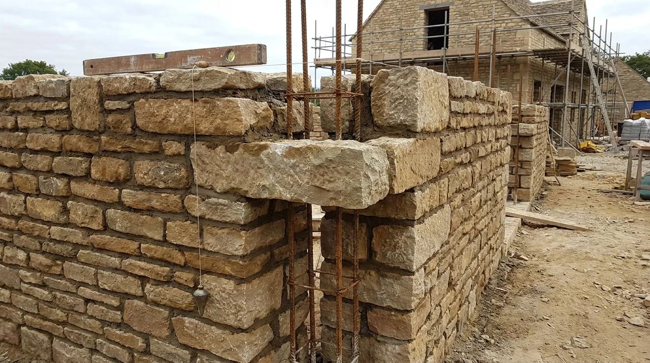 Reinforced natural stone walls built in staggered courses with through stones and steel reinforcement.