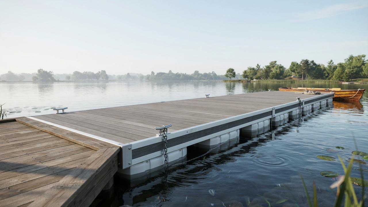 Well-maintained floating dock with clean decking, secure hardware, flotation supports, and anchor connections.