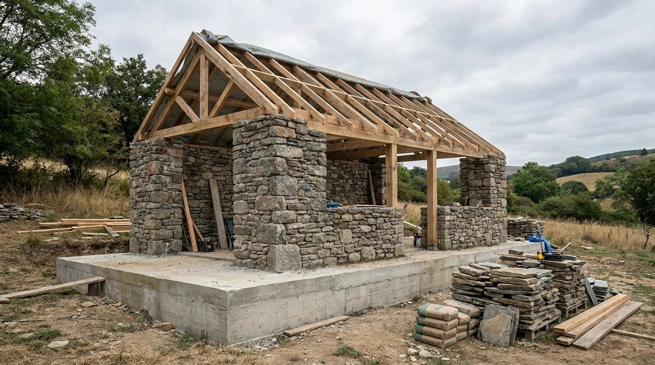 Partially built stone house showing thick masonry walls, concrete foundation, and roof framing.