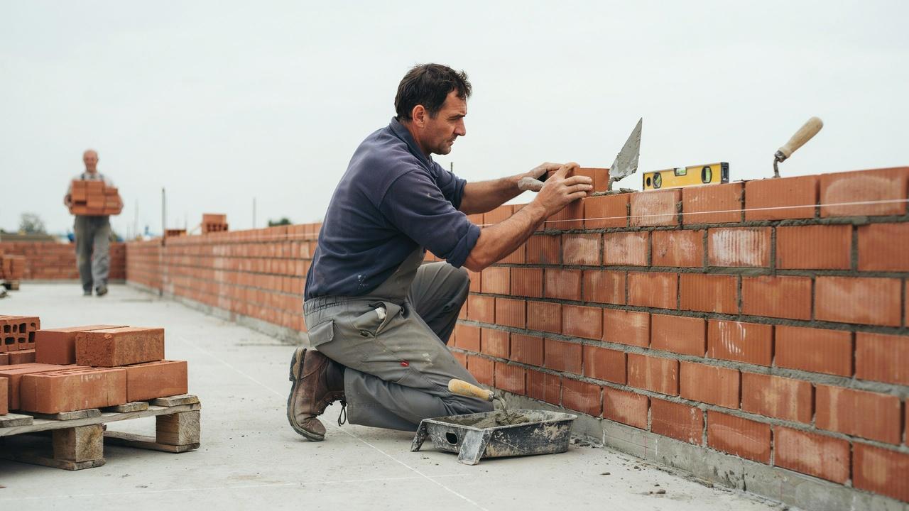 Mason laying staggered brick courses with offset joints and fresh mortar for a strong, aligned wall.