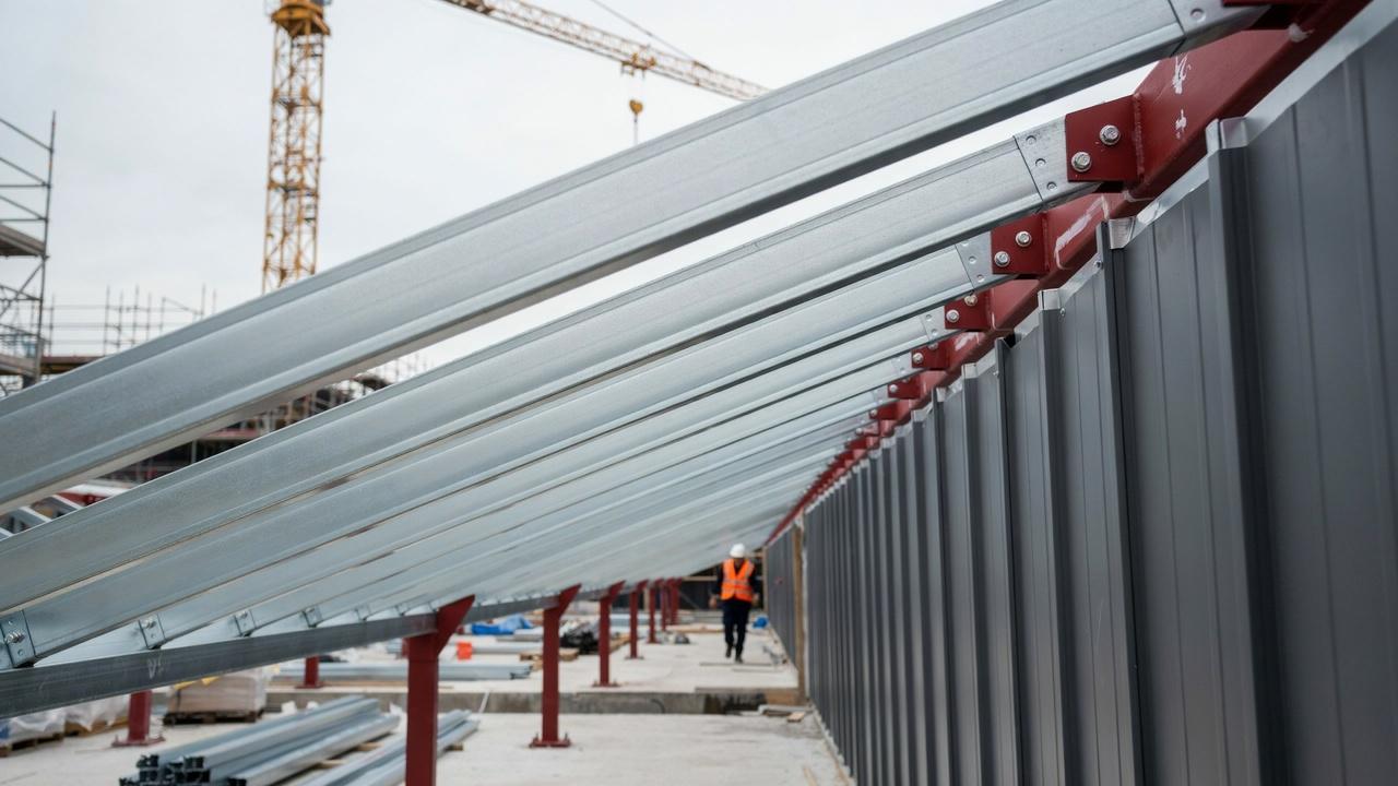 Steel purlins providing strength and support to a roof system.