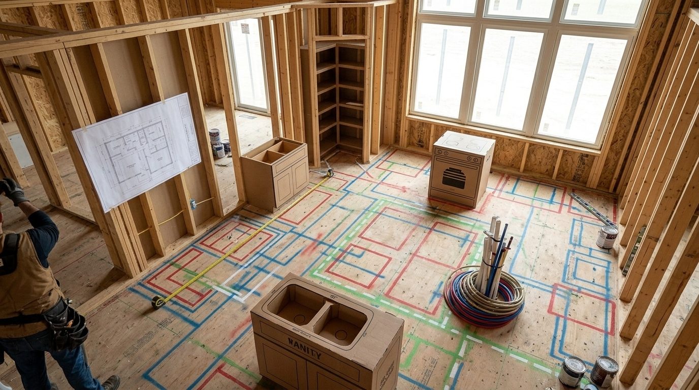 Worker measuring kitchen cabinet layout with cardboard vanities on marked wood floor