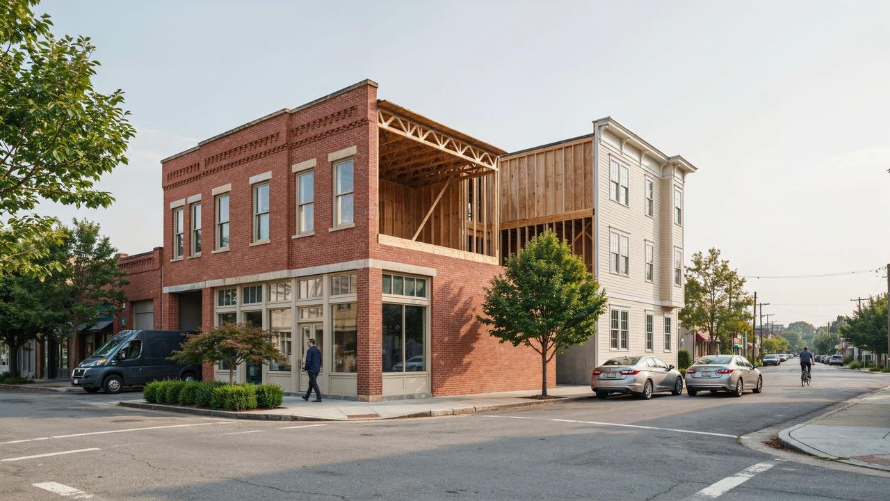 Commercial masonry and residential frame buildings illustrate common construction applications