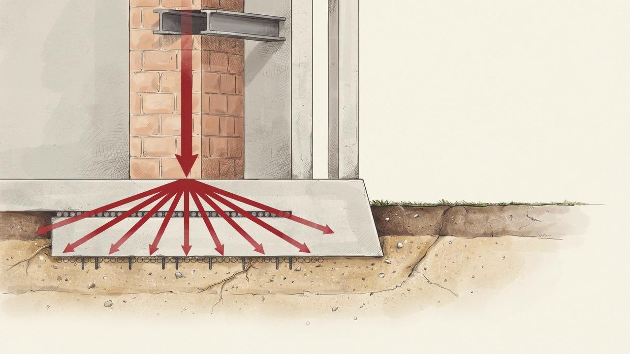 Reinforced concrete footing spreading building loads into supporting soil beneath the foundation.