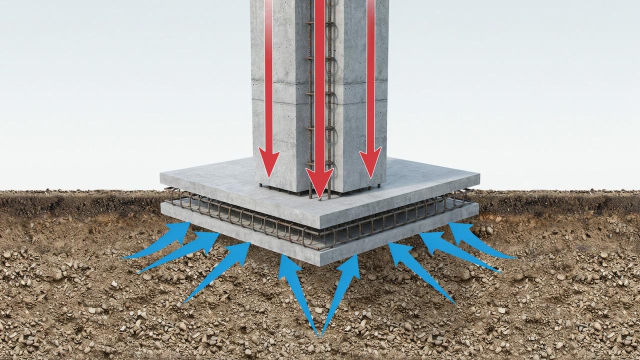 Isolated concrete footing supporting a single structural column beneath a building.