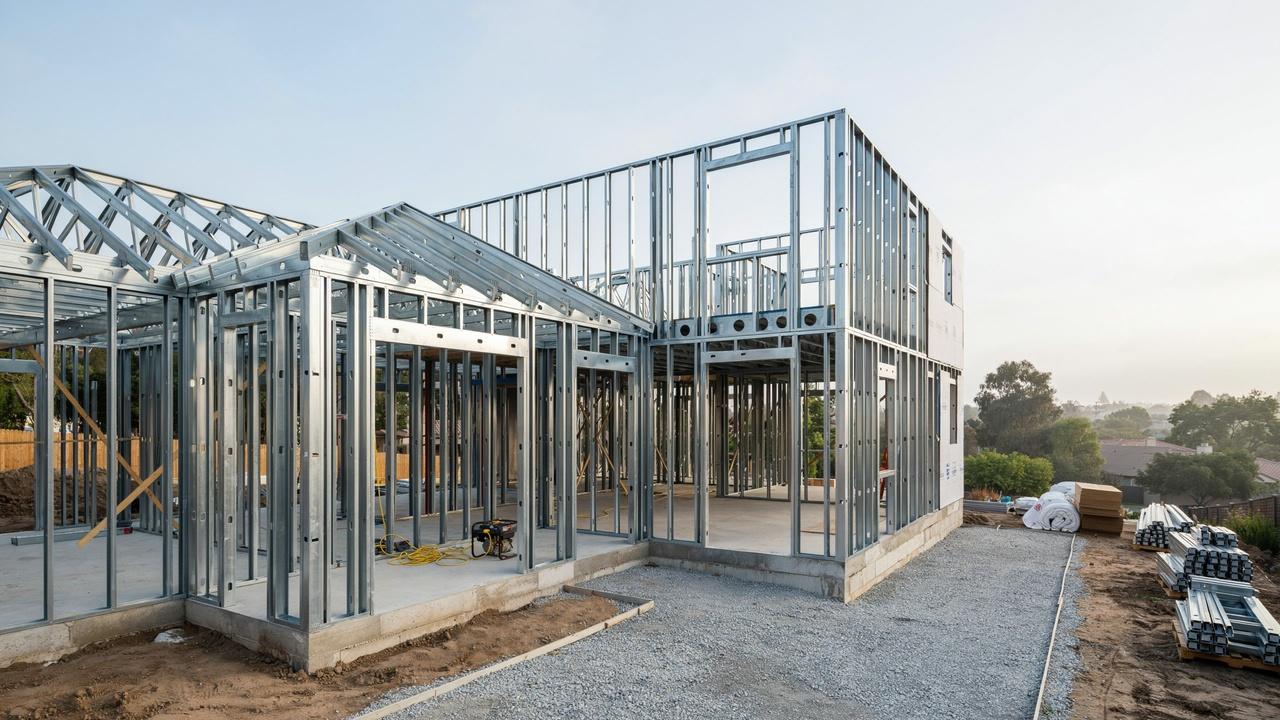 Light gauge steel framing forming the walls, floors, and roof of a modern home under construction.