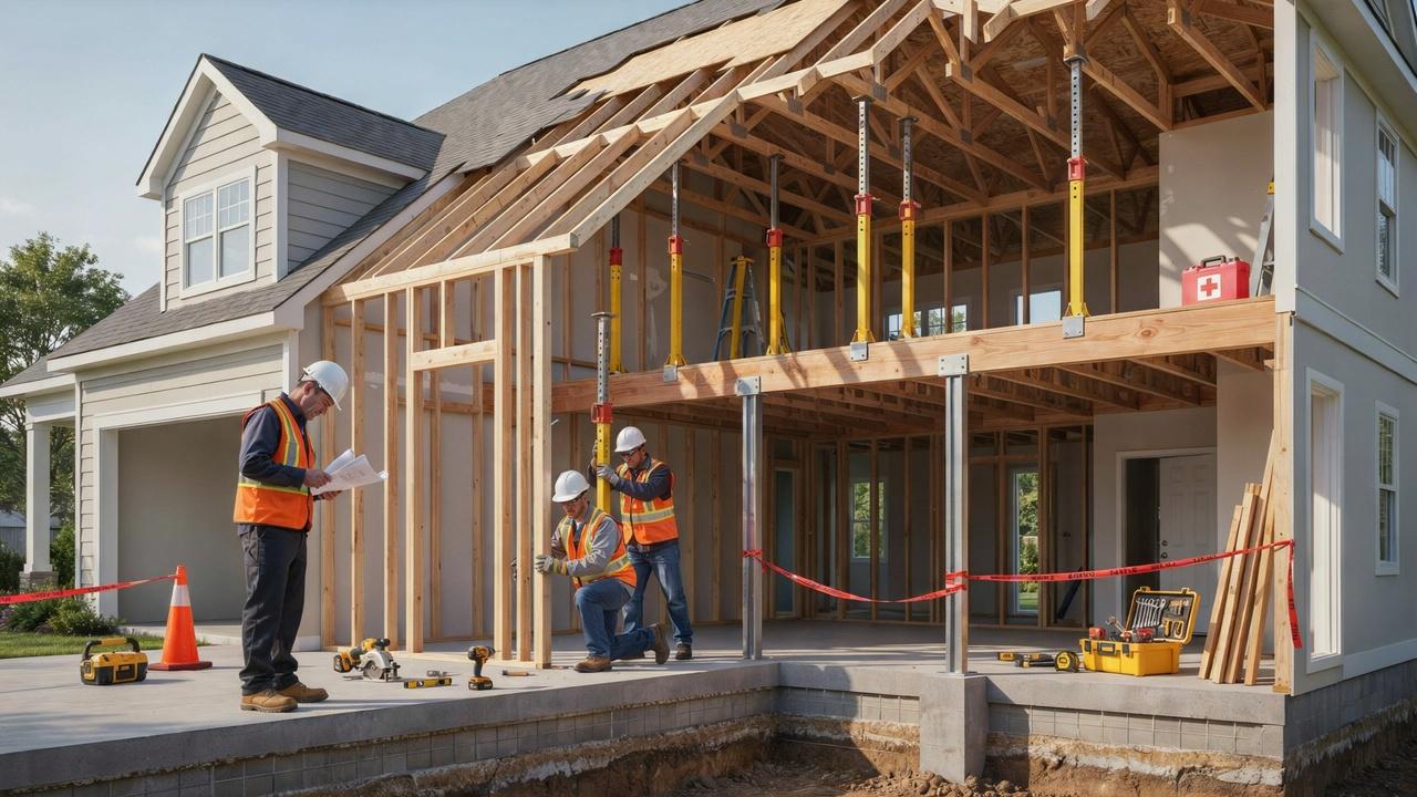 Temporary shoring and structural beam supporting a house after load-bearing wall removal.