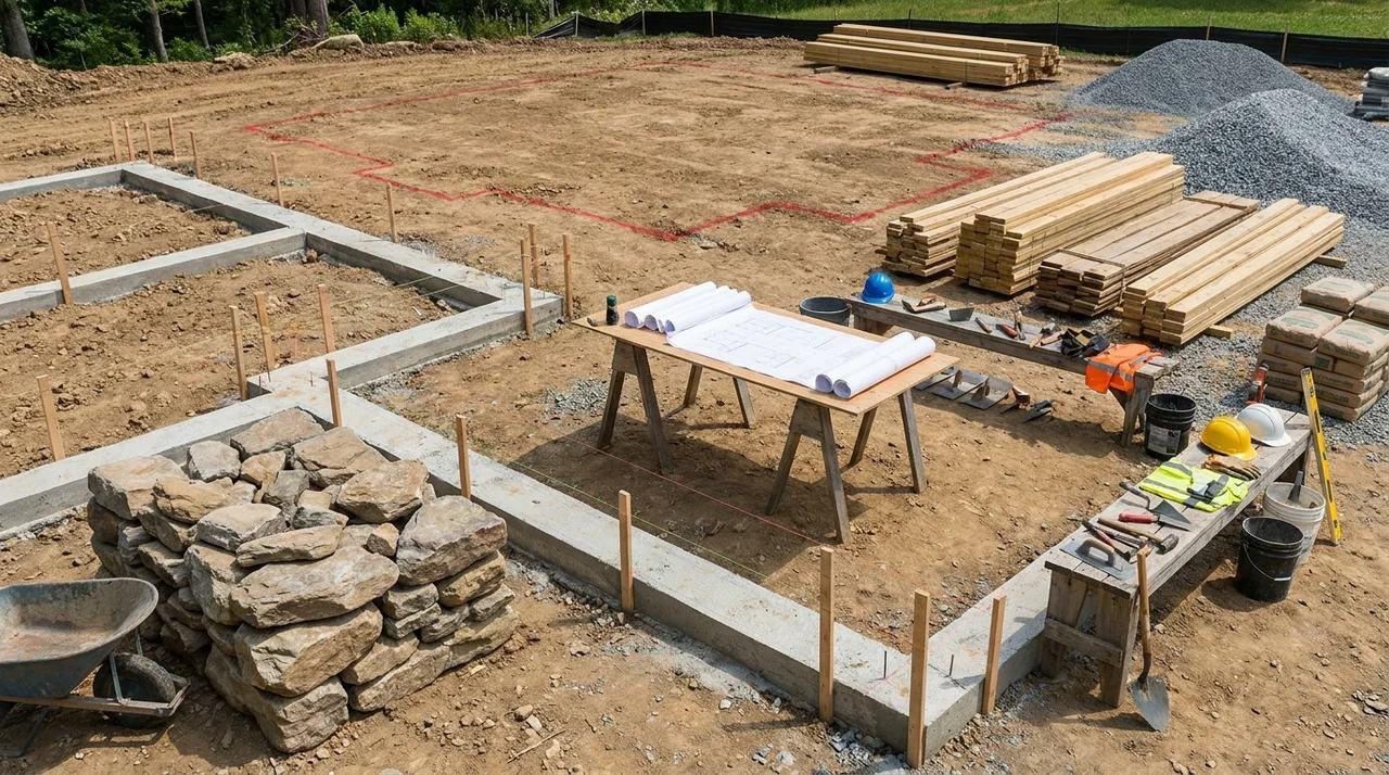 Stone house construction site prepared with foundation materials, masonry tools, and building supplies.