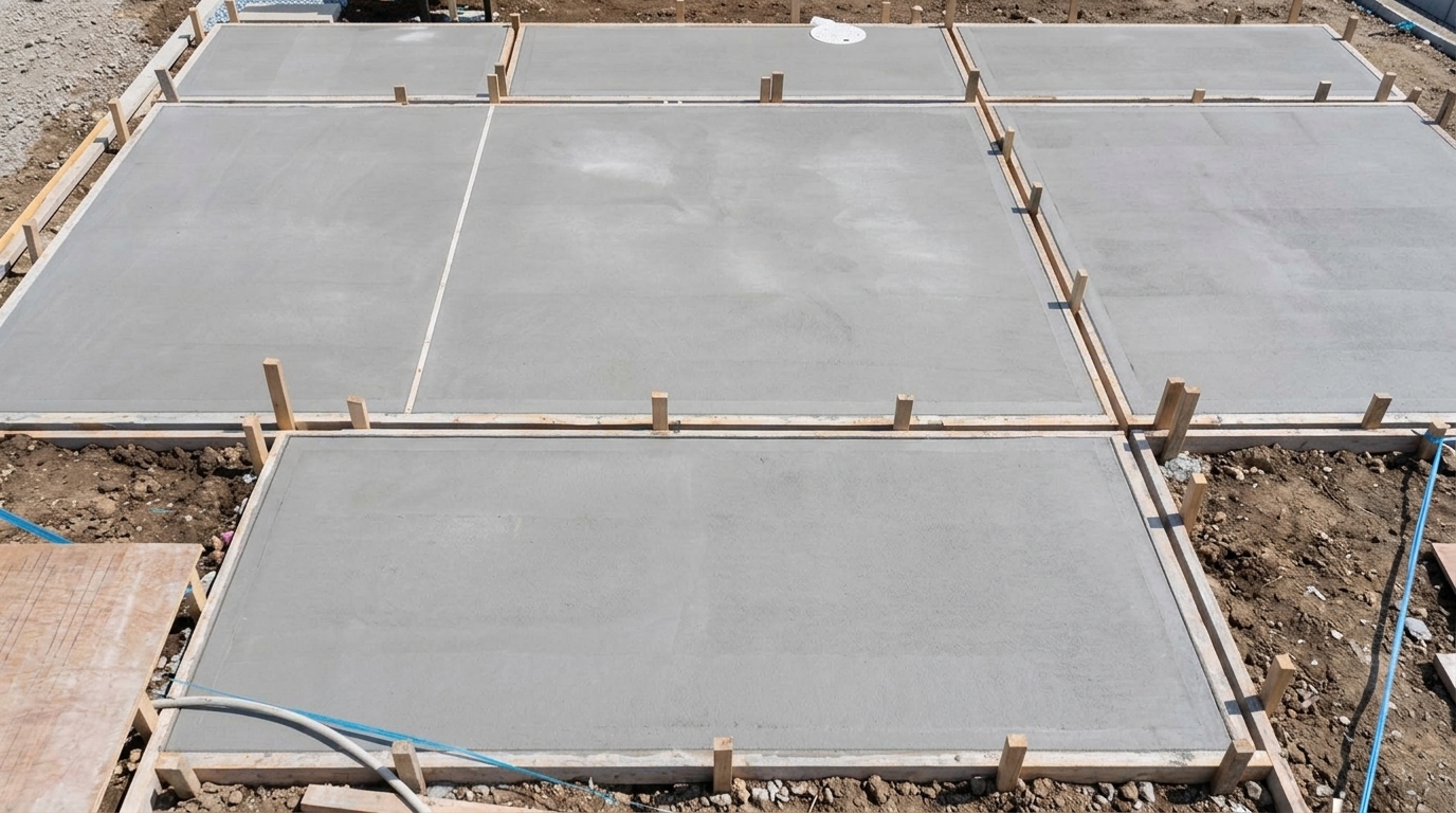 Several freshly poured concrete slab sections divided by wooden forms sitting on a dirt construction site, ready for the next stage of building.