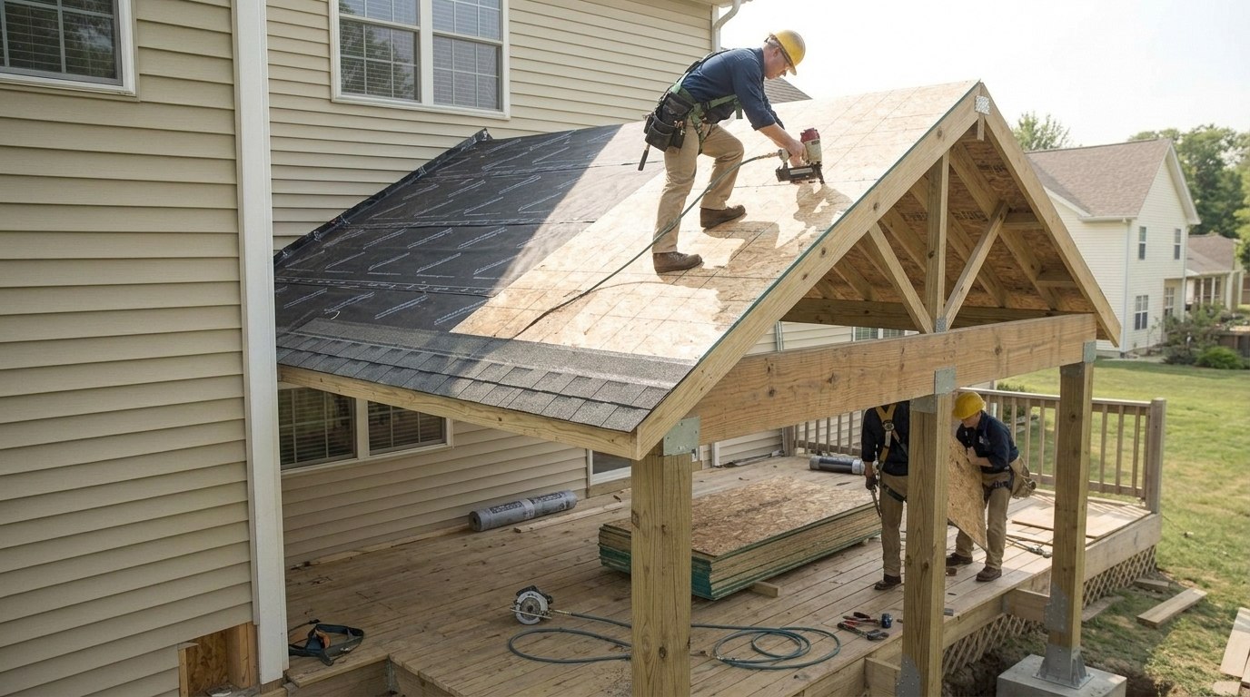 Workers installing roof sheathing, underlayment, and roofing over an attached deck.