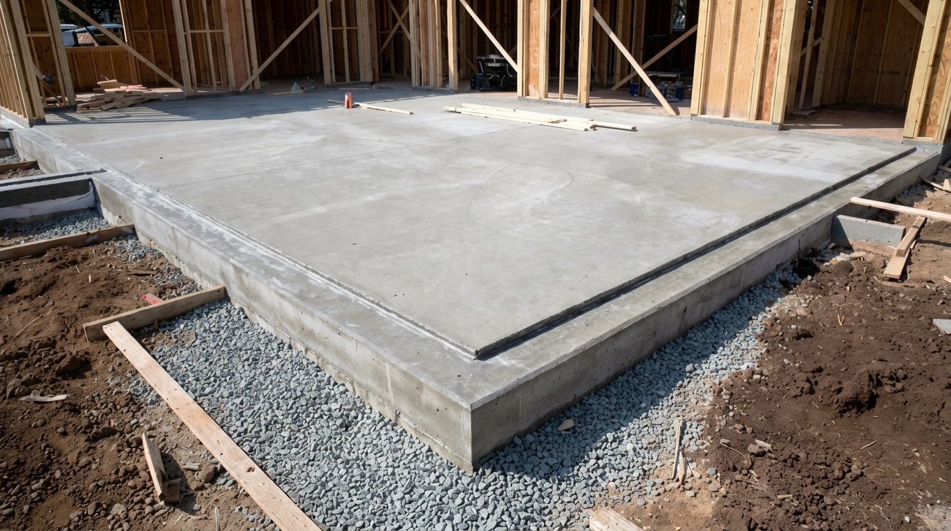 A smooth concrete slab resting on a gravel bed inside a partially framed house, with wood scraps and dirt visible around the perimeter.