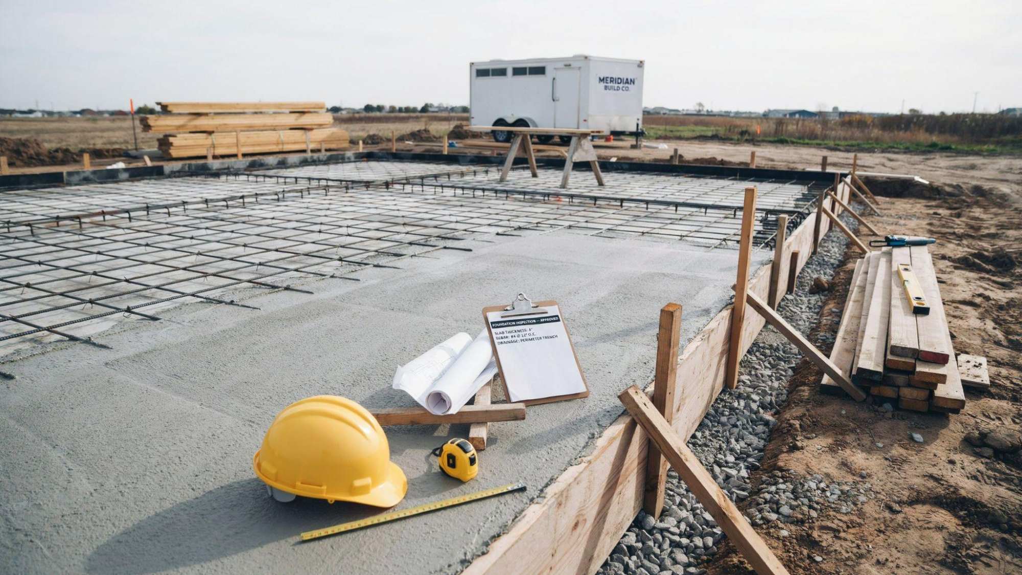 Concrete foundation slab with rebar grid, hard hat, tape measure, blueprints on construction site