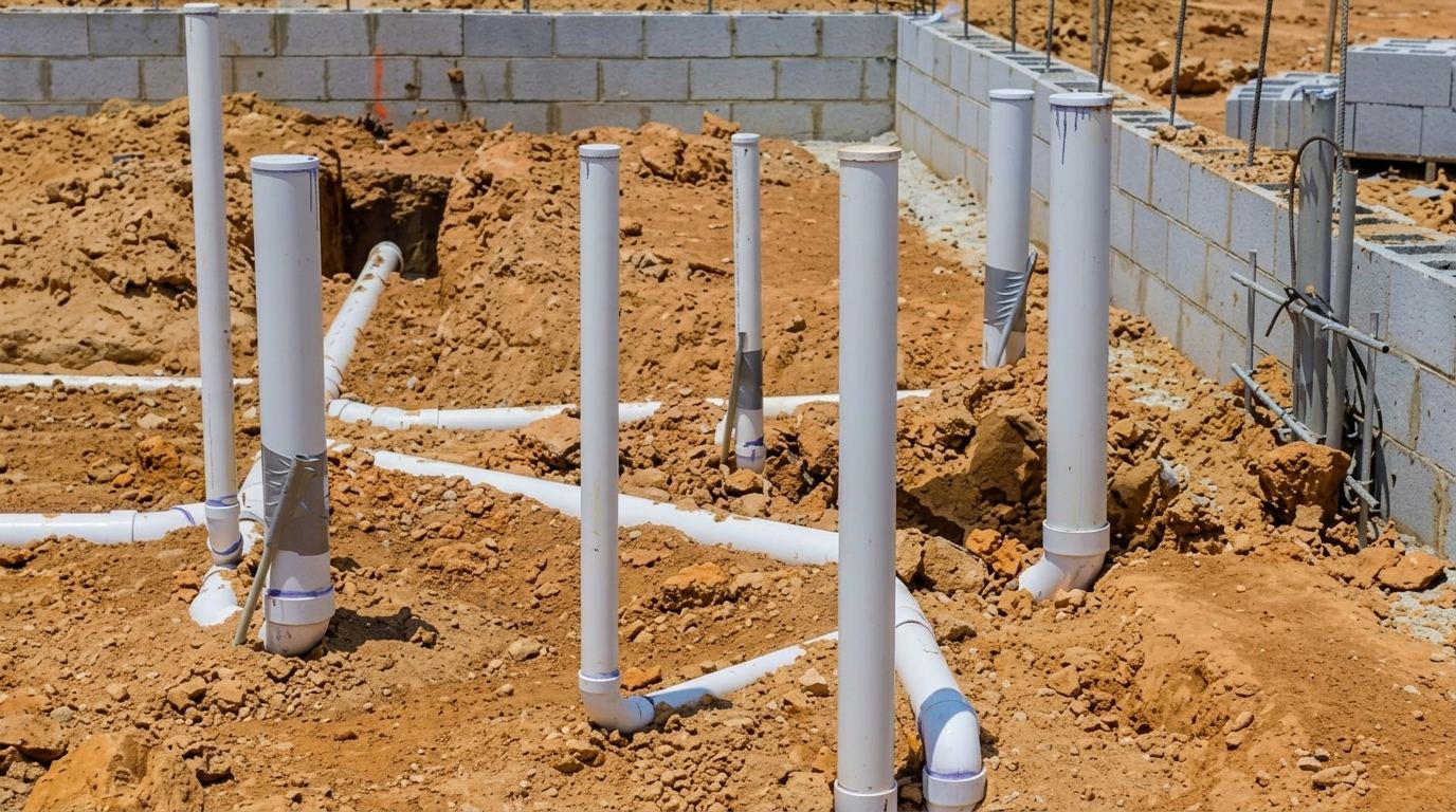 Multiple white PVC plumbing pipes sticking up from red clay soil inside a concrete block foundation wall, ready for a slab pour.